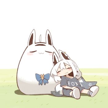 Rule 34 | 1girl, :3, ahoge, animal ear piercing, animal ears, blue bow, bow, closed eyes, cocomayo29 (tomato), commentary, earrings, fox ears, fox girl, fox tail, grass, hair between eyes, hololive, jewelry, korean commentary, miteiru (shirakami fubuki), outdoors, pentagram, shirakami fubuki, single earring, tail, virtual youtuber, white hair