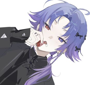 Rule 34 | 18trip, 1boy, ahoge, black shirt, blue eyes, bow, bow earrings, bright pupils, collared shirt, dutch angle, earrings, food, fruit, gradient hair, hair over shoulder, hand up, heterochromia, highres, holding, holding food, jewelry, long hair, long sleeves, looking at viewer, male focus, multicolored hair, multiple rings, pankajiru, pink hair, ponytail, purple hair, red eyes, ring, shirt, shirt bow, simple background, solo, strawberry, white background, yowa netaro