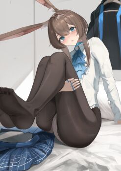 Rule 34 | 1girl, absurdres, amiya (arknights), animal ears, arknights, ascot, black jacket, black pantyhose, blue ascot, brown hair, highres, hugging own legs, jacket, jewelry, knees up, long hair, multiple rings, on bed, panties, panties under pantyhose, pantyhose, rabbit ears, rabbit girl, remapack77, ring, sitting, skirt, solo, thumb ring, underwear, unworn jacket, unworn skirt, white panties