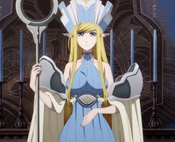 Rule 34 | 1girl, annette (isekai shikkaku), blonde hair, blue eyes, breasts, dress, elf, highres, isekai shikkaku, large breasts, long hair, looking at viewer, pointy ears, smile, solo, staff, stitched, third-party edit, very long hair