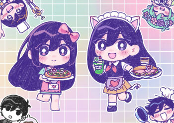 +_+ 2girls 4boys animal_ears apron aubrey_(headspace)_(omori) aubrey_(omori) barefoot basil_(headspace)_(omori) basil_(omori) black_eyes black_hair blue_shirt blush bright_pupils brother_and_sister brothers camera cat_ears cat_tail chef_hat chibi chibi_only closed_mouth collared_shirt colored_skin commentary_request double-parted_bangs fake_animal_ears fake_tail flat_top_chef_hat flower flower_wreath food frying_pan green_hair hair_between_eyes hat head_wreath headdress hero_(headspace)_(omori) hero_(omori) highres holding holding_camera holding_frying_pan holding_plate holding_tongs holding_tray kato_(momota_rosan) kel_(headspace)_(omori) kel_(omori) long_hair looking_at_viewer mari_(headspace)_(omori) mari_(omori) multiple_boys multiple_girls neckerchief omori omori_(omori) open_mouth pink_apron pizza plate purple_eyes purple_hair purple_sweater_vest red_neckerchief sandwich shirt short_hair short_sleeves siblings simple_background smile sprout_mole sweater_vest tail teeth tongs tray upper_teeth_only white_hat white_pupils white_shirt white_skin