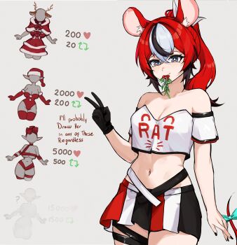 1girl absurdres animal_ears bare_shoulders black_gloves black_hair blue_eyes breasts detached_sleeves gloves hair_between_eyes hakos_baelz hand_up highres hololive hololive_english like_and_retweet long_hair looking_at_viewer medium_breasts mouse_ears mouse_girl mouse_tail multicolored_hair navel ponytail red_hair smile solo stomach streaked_hair tail ttsyrene v virtual_youtuber white_hair