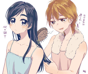 Rule 34 | 2girls, after bathing, blue camisole, blue eyes, blue hair, blush, brushing another's hair, brushing hair, camisole, collarbone, commentary request, futari wa precure, hair brush, highres, long hair, looking at viewer, misumi nagisa, multiple girls, open mouth, orange eyes, orange hair, pink camisole, precure, sasano-01, short hair, sigh, simple background, thick eyebrows, towel, towel around neck, translation request, water drop, wet, wet hair, white background, yukishiro honoka, yuri