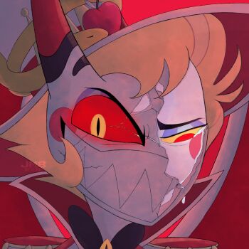 Rule 34 | 1boy, animal, apple, blonde hair, blush stickers, colored sclera, cracked kawaii mask, crying, demon boy, demon horns, food, fruit, grin, hat, hazbin hotel, hellaverse, highres, horns, julian (jmb reverie), lucifer morningstar (hazbin hotel), male focus, red background, red eyes, red sclera, sharp teeth, short hair, smile, snake, solo, tears, teeth, top hat, watermark, white hat, yellow eyes