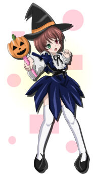 Rule 34 | 1girl, brown hair, commentary request, frilled sleeves, frills, halloween, hat, heterochromia, highres, jack-o'-lantern, looking at viewer, open mouth, rozen maiden, shoes, souseiseki, takumi (rozen garten), thighhighs, wand, white thighhighs, witch hat