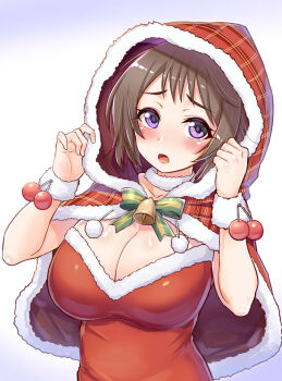 1girl bell blush bow bowtie breasts brown_hair capelet cherry_ornament christmas cinderella_series cleavage dress fur-trimmed_capelet fur-trimmed_collar fur-trimmed_dress fur-trimmed_wristband fur_trim gradient_background green_bow green_bowtie hachigatsu_no_cinderella_nine highres large_breasts makino_hana multicolored_bow multicolored_bowtie open_mouth plaid_capelet plaid_clothes purple_eyes red_capelet red_dress santa_costume santa_dress seikonsuco2 solo upper_body white_background yellow_bow yellow_bowtie