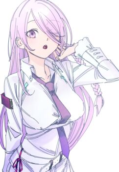 1girl belt braid breasts chest_harness hair_over_one_eye harness heaven_burns_red highres kura_satomi large_breasts long_hair mstm necktie pink_hair red_eyes ribbon shirt solo very_long_hair white_shirt