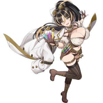 1girl :3 :d amadea_wolfa between_fingers black_hair blonde_hair blonde_streaks boots breasts brown_boots cleavage coat coat_on_shoulders crop_top dolphin_wave full_body game_cg goggles high_ponytail highres holding looking_at_viewer multicolored_hair navel non-web_source official_alternate_costume official_art ootomo_takuji open_mouth outstretched_arms ponytail simple_background smile solo standing standing_on_one_leg streaked_hair thighhighs transparent_background vial white_coat yellow_eyes