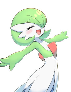 1other :d blush closed_eyes commentary_request flipped_hair gardevoir gen_3_pokemon green_hair happy highres medium_hair nintendo open_mouth outstretched_arms pokemon pokemon_(creature) pokemon_focus sara_(sublender1234) simple_background smile solo tongue white_background