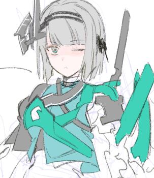 1girl alternate_costume aqua_armor aqua_eyes armor black_hairband black_shirt blue_vest blunt_bangs closed_mouth grey_hair hairband headgear konpaku_youmu looking_at_viewer one_eye_closed puffy_short_sleeves puffy_sleeves purple_pupils quatro10257041 shirt short_hair short_sleeves shoulder_armor simple_background sketch skirt solo touhou upper_body vest white_background