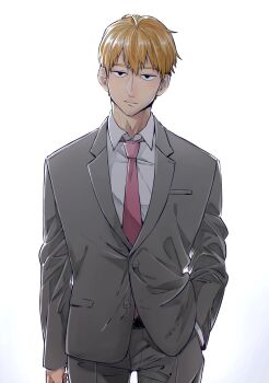 1boy black_eyes closed_mouth collared_shirt commentary_request expressionless goma1132 grey_jacket hand_in_pocket highres jacket long_sleeves looking_at_viewer male_focus mob_psycho_100 necktie pants reigen_arataka shirt short_hair simple_background solo white_background white_shirt