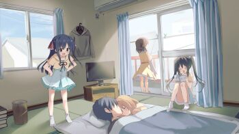 1boy 4girls air_conditioner balcony black_hair blonde_hair book brother_and_sister brown_hair clothes_hanger commentary curtains dress futon hands_on_own_hips highres holding holding_book indoors long_hair morning multiple_girls onii-chan_kiss_no_junbi_wa_mada_desu_ka? panties pantyshot pillow reading seguchi_asahi seguchi_mahiru seguchi_saya seguchi_yayoi shared_blanket siblings sitting sleeping socks standing sunlight takepoison tatami television trash_can twintails under_covers underwear white_socks wide_shot window