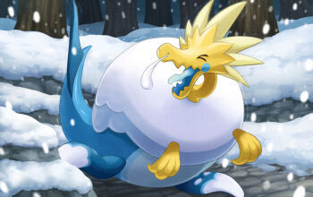Rule 34 | > <, arctozolt, blue tongue, closed eyes, colored tongue, commentary request, full body, gen 8 pokemon, hakuginnosora, nintendo, no humans, outdoors, pokemon, pokemon (creature), pokemon focus, snot, snow, snowing, solo, tree