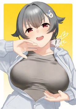 1girl black_hair black_shirt blush breasts grey_jacket hair_between_eyes hair_flaps hair_ornament hair_ribbon hood hooded_jacket jacket jingei_(kancolle) kantai_collection large_breasts long_sleeves looking_at_viewer open_mouth partially_unzipped red_eyes ribbon sakiecho shirt signature simple_background solo upper_body white_ribbon