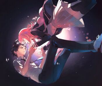 Rule 34 | 1boy, 1girl, ahoge, animal bag, binxngchng1, black thighhighs, breasts, brown hair, cat bag, collared shirt, danganronpa (series), danganronpa 2: goodbye despair, eye contact, flipped hair, highres, hinata hajime, holding hands, hood, jacket, long sleeves, looking at another, medium hair, nanami chiaki, neck ribbon, necktie, open clothes, pants, pink bag, ribbon, shirt, shoes, short hair, short sleeves, skirt, thighhighs, white shirt