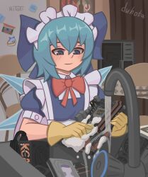Rule 34 | 1girl, absurdres, alternate costume, blue bow, blue bowtie, blue eyes, blue hair, blush, bow, bowtie, circuit board, cirno, collared shirt, commentary, duhota, enmaided, faucet, gloves, hair bow, highres, ice, ice wings, magnet, maid, maid headdress, puffy short sleeves, puffy sleeves, refrigerator, refrigerator magnet, russian commentary, shirt, short sleeves, sink, touhou, translated, upper body, washing, white shirt, wings, yellow gloves, you&#039;re doing it wrong