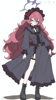 1girl alternate_costume art_program_in_frame bespectacled black_boots black_bow black_bowtie black_corset black_shirt black_skirt blue_archive blue_halo blush boots bow bowtie closed_mouth commentary corset flower fluffy_hair frilled_hairband frilled_shirt_collar frilled_skirt frilled_sleeves frills frown full_body glasses gothic_lolita grey_eyes hair_between_eyes hair_flower hair_ornament hairband halo high-waist_skirt highres ibispaint_(medium) iroha_(blue_archive) lace-up_boots lolita_fashion lolita_hairband long_hair long_skirt long_sleeves looking_at_viewer monocle puffy_long_sleeves puffy_sleeves red_flower red_hair red_rose rose shirt side_slit simple_background skirt skirt_hold solo standing thigh_strap very_long_hair wa_sumi white_background