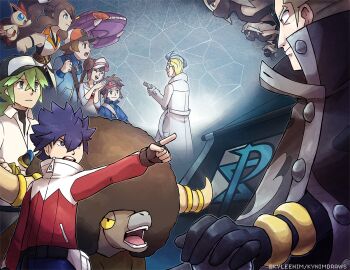 Rule 34 | 2girls, 6+boys, artist name, baseball cap, blonde hair, blue jacket, bouffalant, brown hair, colress (pokemon), fingerless gloves, gen 5 pokemon, genesect, ghetsis (pokemon), glasses, gloves, green hair, hat, hilbert (pokemon), hilda (pokemon), hilda (sygna suit) (pokemon), horns, hugh (pokemon), jacket, ky-nim, lab coat, legendary pokemon, multiple boys, multiple girls, mythical pokemon, n (pokemon), nate (pokemon), nintendo, official alternate costume, open mouth, pokemon, pokemon (creature), pokemon bw, pokemon bw2, pokemon masters ex, red eyes, rosa (pokemon), shadow triad, team plasma, victini, visor cap