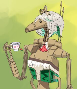 1other b1_battle_droid blue_hair braid cecilia_immergreen cecilia_immergreen_(1st_costume) cecilia_immergreen_(cosplay) commentary cosplay cup droid green_background grey_hair highres holding holding_cup hololive hololive_english marfin42 multicolored_hair other_focus robot solo star_wars star_wars:_the_phantom_menace streaked_hair tea teabag teacup upper_body virtual_youtuber winding_key