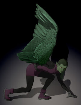 1boy beast_boy_(dc) bodysuit changeling colored_skin dc_comics feathers full_body garfield_logan gb_(doubleleaf) green_hair green_skin looking_at_viewer male_focus monster_boy pointy_ears purple_shoes realistic shoes solo superhero_costume teen_titans transformation wings yellow_eyes