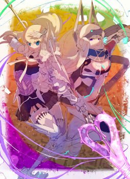 2girls ahoge armor artoria_pendragon_(fate) bare_shoulders black_bra black_dress black_shorts blonde_hair blue_eyes blue_scarf bra breasts brynhild_(fate) brynhild_romantia center_opening cleavage cosplay costume_switch diagonal_bangs dress elbow_gloves fate/grand_order fate_(series) gauntlets gloves greaves hair_ornament helmet highres lance large_breasts leotard long_hair looking_at_viewer multiple_girls mysterious_heroine_xx_(fate) mysterious_heroine_xx_(second_ascension)_(fate) navel open_mouth pleated_dress polearm ponytail purple_eyes sailor_collar saizo_sasaki scarf short_dress shorts sidelocks sleeveless sleeveless_dress smile spear thighhighs thighs twinmyniad_(fate) underwear very_long_hair weapon white_hair white_leotard white_sailor_collar white_thighhighs