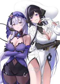 2girls asymmetrical_gloves bare_shoulders black_gloves black_hair black_shorts black_swan_(honkai:_star_rail) blush breasts claws clenched_teeth commentary covered_navel demon_horns dress elbow_gloves english_commentary gloves hat highres honkai:_star_rail honkai_(series) horns idasu_(hyun9164) large_breasts long_hair looking_at_another looking_at_viewer mismatched_gloves mole mole_under_eye multiple_girls open_mouth pelvic_curtain purple_dress purple_eyes purple_gloves purple_hair purple_veil shorts sun_hat teeth the_dahlia_(honkai:_star_rail) veil white_background white_dress white_gloves white_hat yuri