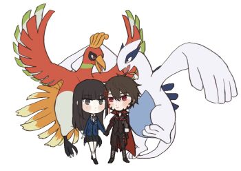 10s 1boy 1girl code_vein crossover gen_2_pokemon ho-oh legendary_pokemon lugia nintendo persona persona_5 pokemon pokemon_(creature) protagonist_(code_vein) tougou_hifumi