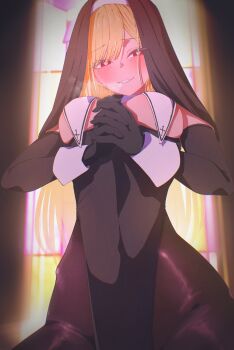 1girl absurdres black_dress black_veil blonde_hair blush breast_curtains breasts breath church cleavage commentary_request detached_sleeves dress from_below ganetto29 gloves gyaru heart heart-shaped_pupils heavy_breathing highres interlocked_fingers kitagawa_marin large_breasts long_hair long_sleeves looking_at_viewer nun nun_headdress own_hands_clasped own_hands_together parted_bangs parted_lips pelvic_curtain praying red_eyes smile solo sono_bisque_doll_wa_koi_wo_suru symbol-shaped_pupils underboob veil white_wrist_cuffs wrist_cuffs