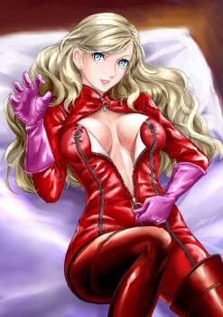 1girl albyee blonde_hair blue_eyes bodysuit breasts claw_pose commentary commission english_commentary gloves hair_down hair_ornament hairclip hand_up long_hair lying medium_breasts on_back panther_(persona_5) parted_lips persona persona_5 pink_gloves red_bodysuit simple_background solo takamaki_anne unzipping wavy_hair white_background zipper zipper_pull_tab