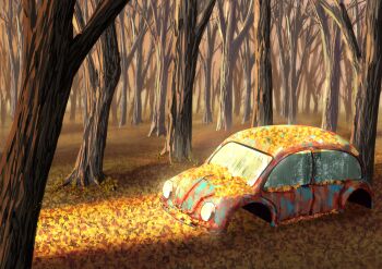 abandoned absurdres autumn_leaves bare_tree car commentary_request day forest ginkgo_leaf highres leaf motor_vehicle nature nemuke_(pixiv_92389422) no_humans original outdoors scenery tree warm_colors