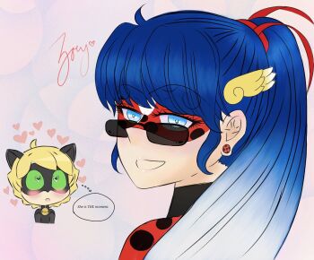 1girl blue_eyes blue_hair blush chat_noir earrings english_text female_focus hair_ornament hair_ribbon heart heart-shaped_pupils highres jewelry ladybug_(miraculous_ladybug) looking_at_viewer looking_over_eyewear looking_over_glasses marinette_dupain-cheng mask miraculous_ladybug ponytail ribbon smile speech_bubble sunglasses symbol-shaped_pupils tinted_eyewear zoeytessie