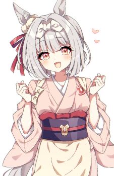 1girl animal_ears blush bow bowtie clenched_hands commentary_request dress flower hair_between_eyes hair_ornament hi_(pontolfo) highres horse_ears horse_girl horse_tail japanese_clothes kimono looking_at_viewer onsen_symbol open_hand open_mouth pink_kimono red_bow red_bowtie sash short_hair smile solo tail umamusume white_hair yunohana_bloom_(umamusume)