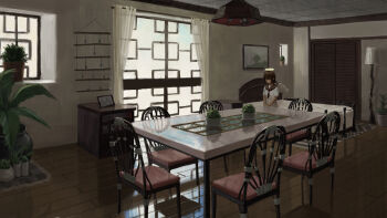 1girl absurdres an_yb angel angel_wings bed brown_eyes brown_hair brown_sailor_collar cabinet carpet chair closed_mouth commentary_request curtains door dress feathered_wings feathers glowing glowing_halo haibane_renmei halo highres indoors lamp looking_down medium_hair neckerchief on_bed picture_frame plant potted_plant rakka_(haibane_renmei) red_neckerchief sailor_collar sailor_dress scenery sitting solo table traditional_halo white_dress white_feathers white_wings wide_shot window wings wooden_floor yellow_halo