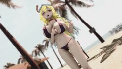 1girl 3d :&gt; animated artist_request ass ass_focus between_legs bikini black_bikini blonde_hair blush bouncing_breasts breasts curvy dancing dot_nose dragon_girl dragon_horns gradient_hair green_eyes green_hair hand_between_legs heterochromia highleg horns huge_breasts kobayashi-san_chi_no_maidragon long_hair lucoa_(maidragon) mikumikudance_(medium) multicolored_hair navel parted_lips purple_eyes side-tie_bikini_bottom simple_background solo sound stomach swimsuit tagme thong_bikini very_long_hair video wavy_hair wide_hips