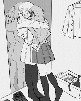 2girls absurdres arms_around_neck bang_dream! bang_dream!_it&#039;s_mygo!!!!! blush bra closed_eyes hair_ribbon hanasakigawa_school_uniform haneoka_school_uniform highres kiss long_hair milfcookiesimp misumi_uika multiple_girls pleated_skirt ribbon school_uniform shoes skirt thighhighs togawa_sakiko two_side_up underwear unworn_bra unworn_shoes yuri