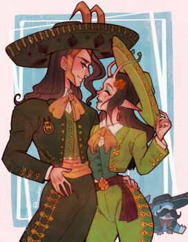 1boy 1girl alien antennae black_hair blush facial_hair guardians_of_the_galaxy hat highres horns jeff_(marvel) loki_(marvel) long_hair mantis_(marvel) marvel marvel_rivals mustache open_mouth pointy_ears poposhirat smile sombrero