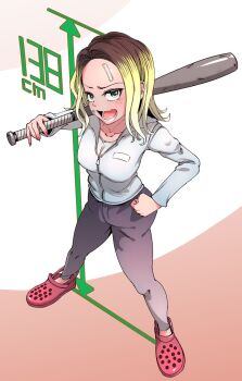 1girl bandaid bandaid_on_cheek bandaid_on_face bandaid_on_forehead baseball_bat black_pants blonde_hair breasts brown_hair commentary_request crocs forehead full_body grey_hoodie hand_on_own_hip height highres holding holding_baseball_bat hood hoodie medium_breasts multicolored_hair open_mouth original pants red_sandals sandals smile solo two-tone_hair zonberu_tsukiji