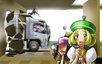 ... 2girls 4others :&gt; audino bianca_(pokemon) blonde_hair boris_(noborhys) driving gen_5_pokemon green_eyes hilda_(pokemon) long_hair looking_at_another medium_hair motion_blur motion_lines motor_vehicle multiple_girls multiple_others munna nintendo poke_ball_print pokemon pokemon_(creature) pokemon_bw smile team_plasma_grunt truck violence what