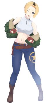 1girl absurdres bare_shoulders belt blonde_hair blue_eyes blue_mary bob_cut breasts commentary_request crop_top fatal_fury fatal_fury:_city_of_the_wolves fingerless_gloves gloves highres large_breasts looking_at_viewer loose_belt midriff musuhi navel parted_hair short_hair sleeveless sleeveless_turtleneck turtleneck