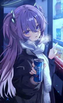 1girl absurdres black_jacket blue_archive can commentary hair_between_eyes halo highres holding holding_can jacket long_hair mechanical_halo purple_eyes purple_hair scarf seori_0u0 solo twintails yuuka_(blue_archive)