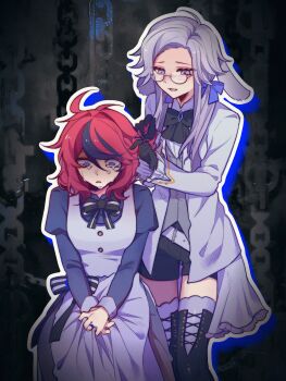 Rule 34 | 2boys, 2girls, ahoge, alternate costume, animal ears, aotsuki eito, belt, black background, black boots, black bow, black bowtie, black gloves, black hair, black shorts, blue dress, blue eyes, blue ribbon, boots, borrowed design, bow, bowtie, braiding another's hair, brooch, buttons, chain, chinese commentary, coat, commentary request, crying, crying with eyes open, diamond brooch, dress, e880444865, film grain, frilled sleeves, frills, frown, genderswap, genderswap (mtf), glasses, gloves, grey eyes, grey hair, grey thighhighs, grey vest, hair between eyes, hair ribbon, highres, jewelry, juliet sleeves, kemonomimi mode, lace-up boots, long hair, long sleeves, lop rabbit ears, medium hair, multicolored hair, multiple boys, multiple girls, open clothes, open coat, open mouth, outline, own hands together, puffy sleeves, rabbit ears, red hair, ribbon, ring, round eyewear, shirt, shorts, sitting, smile, streaked hair, sumino takumi, tears, the hundred line -last defense academy-, thigh boots, thighhighs, two-tone hair, variant set, vest, white belt, white coat, white outline, white shirt, wide-eyed