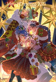 2023 4girls ;d absurdres ahoge alternate_costume beamed_sixteenth_notes black_leggings blue_eyes blue_hair blush bow box bracelet_girls braid buttons capelet chest_bow christmas christmas_tree city city_lights cityscape coat colored_bangs corset dress earrings eighth_note feather_earrings feathers floating flower fur-trimmed_capelet fur_trim gift gift_box gold gold_buttons green_bow green_eyes green_hair green_leggings hair_bow hair_ornament hat hat_flower highres hiiragi_yuzu jewelry kurosaki_ruri lace-trimmed_headwear lace_trim leggings light_particles long_hair looking_at_another merry_christmas multicolored_hair multiple_girls musical_note night one_eye_closed open_mouth pantyhose pink_eyes pink_hair plaid_bow ponytail purple_hair quadruplets red_bow red_coat red_dress red_flower red_leggings red_rose reindeer rin_(yu-gi-oh!) rose santa_hat serena_(yu-gi-oh!) shirt short_hair short_shorts short_twintails shorts siblings single_braid sisters smile star_(symbol) streaked_hair striped_clothes striped_leggings striped_pantyhose twintails two-tone_bow two-tone_hair two-tone_leggings two-tone_pantyhose udoshiyo underbust very_long_hair white_hat white_shirt windwitch_-_ice_bell wing_hair_ornament yellow_leggings yu-gi-oh! yu-gi-oh!_arc-v