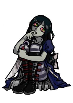 1girl alice:_madness_returns alice_liddell_(american_mcgee's_alice) american_mcgee's_alice apron biting_own_finger black_hair bloodshot_eyes blue_dress boots dress full_body green_eyes highres holding holding_knife jewelry knife long_hair necklace omega_symbol pantyhose simple_background sitting solo striped_clothes striped_pantyhose teeth weapon white_background