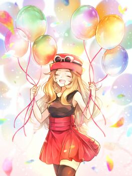 1girl :d balloon bare_arms blonde_hair blurry blush brown_shirt brown_thighhighs closed_eyes commentary eyelashes eyewear_on_headwear hands_up hat high-waist_skirt highres holding holding_string long_hair nintendo open_mouth pokemon pokemon_xy red_skirt serena_(pokemon) shirt skirt sleeveless sleeveless_shirt smile solo string sunglasses teeth thighhighs tongue upper_teeth_only yomogi_(black-elf)
