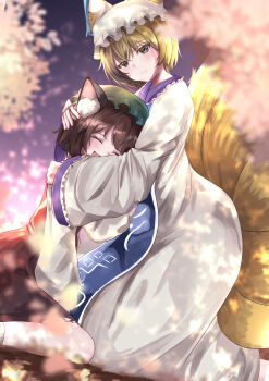 Rule 34 | absurdres, animal ears, blonde hair, blue tabard, blurry, blurry background, blurry foreground, brown eyes, brown haori, cat girl, chen, closed eyes, closed mouth, commentary, dappled sunlight, depth of field, dress, fang, fox ears, fox girl, fox tail, green hat, hand on another's head, haori, hat, highres, hug, japanese clothes, kneeling, light smile, long dress, long sleeves, looking at viewer, mob cap, multiple girls, multiple tails, open mouth, red dress, shirt, short dress, short hair, sitting, skin fang, smile, sunlight, tabard, tail, touhou, uruna00, wariza, white dress, white hat, white shirt, yakumo ran