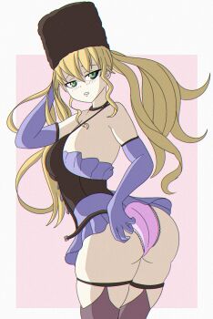 1girl absurdres arm_behind_head ass ass_focus bad_tag blonde_hair blush breasts ceaga201 code_vein corset dress embarrassed from_behind fur_hat green_eyes half-closed_eyes hand_on_own_hip hat highres large_breasts long_hair mia_karnstein miniskirt model_pose panties petite pink_panties sideboob simple_background skirt solo twintails underwear upskirt