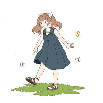 1girl aisaki_emiru alternate_costume bare_arms bare_shoulders blue_dress blue_sailor_collar blunt_bangs bow brown_hair brown_sandals bug butterfly buttons closed_mouth commentary_request dot_nose dress expressionless flat_color full_body grass hair_bow highres hugtto!_precure insect light_frown long_hair looking_ahead medium_dress pleated_dress precure red_eyes sailor_collar sandals sidelocks simple_background sleeveless sleeveless_dress solo takahoshi_(yunch327) tareme twintails walking wavy_hair white_background white_bow white_butterfly yellow_butterfly