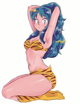 1girl animal_print aqua_hair armpits arms_up bikini breasts cleavage commentary_request cone_horns from_side full_body hands_in_own_hair highres horns long_hair looking_at_viewer lum navel print_bikini print_boots sauizph seiza simple_background sitting solo swimsuit thighs tiger_print urusei_yatsura white_background