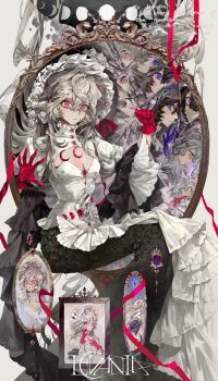 Rule 34 | 2girls, black hair, blue eyes, broken glass, closed mouth, different reflection, dress, flower, gem, glass, gloves, grey hair, hair between eyes, hair flower, hair ornament, headdress, highres, jili mifan, long hair, long sleeves, looking at viewer, makeup, mirror, multiple girls, multiple views, original, picture frame, pink eyes, red gloves, reflection, rouge (makeup), shards, sidelocks, single hair intake, sitting, two-tone dress, white dress, white flower, white headdress