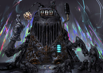 carpet_crawler commentary crossed_fingers derivative_work dice english_commentary gamblobot gloves highres inscryption no_humans official_art robot single_glove slot_machine